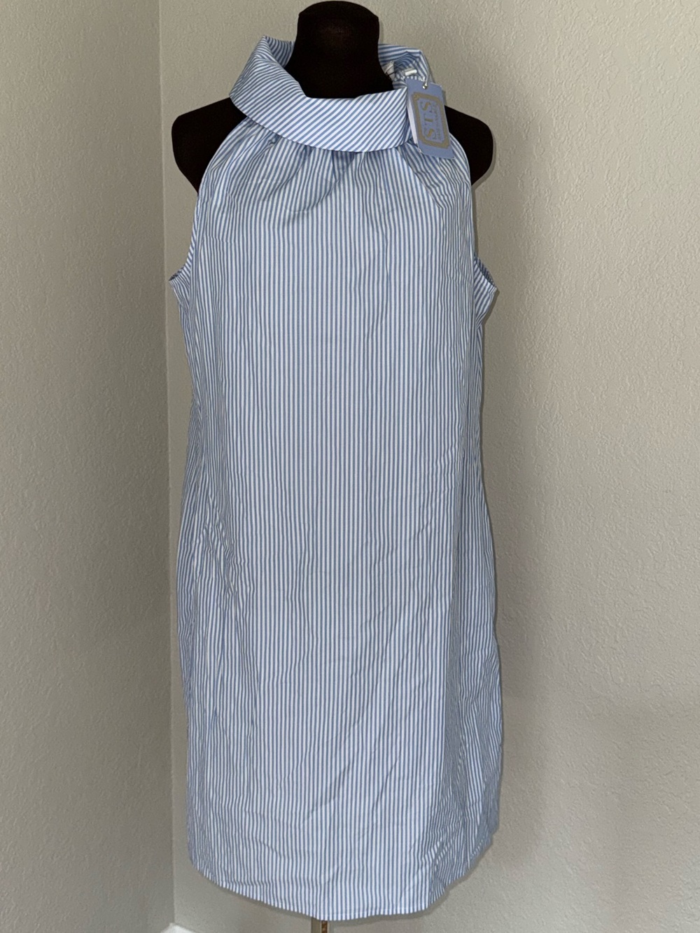 Sail to Sable NWT Blue White Stripe Halter Shift Dress Large 100% Cotton
